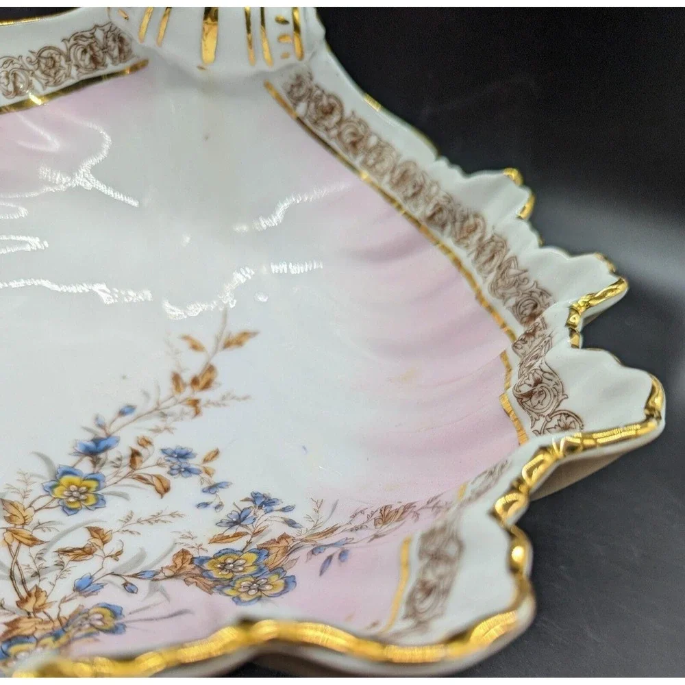 Antique Pink Hand Painted German Porcelain Seashell Serving Bowl Flowers 9.5